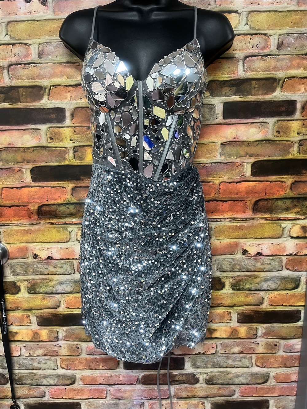 Silver Mirror-Embellished Mini Dress with Sequin Skirt